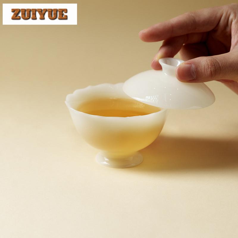 130ml Icy Jade Flower Mouth Gaiwan Vintage Tea Tureen Tea Bowl With Lid Kit Tea Maker Cover Bowl Chinese Tea Set Ornaments Craft