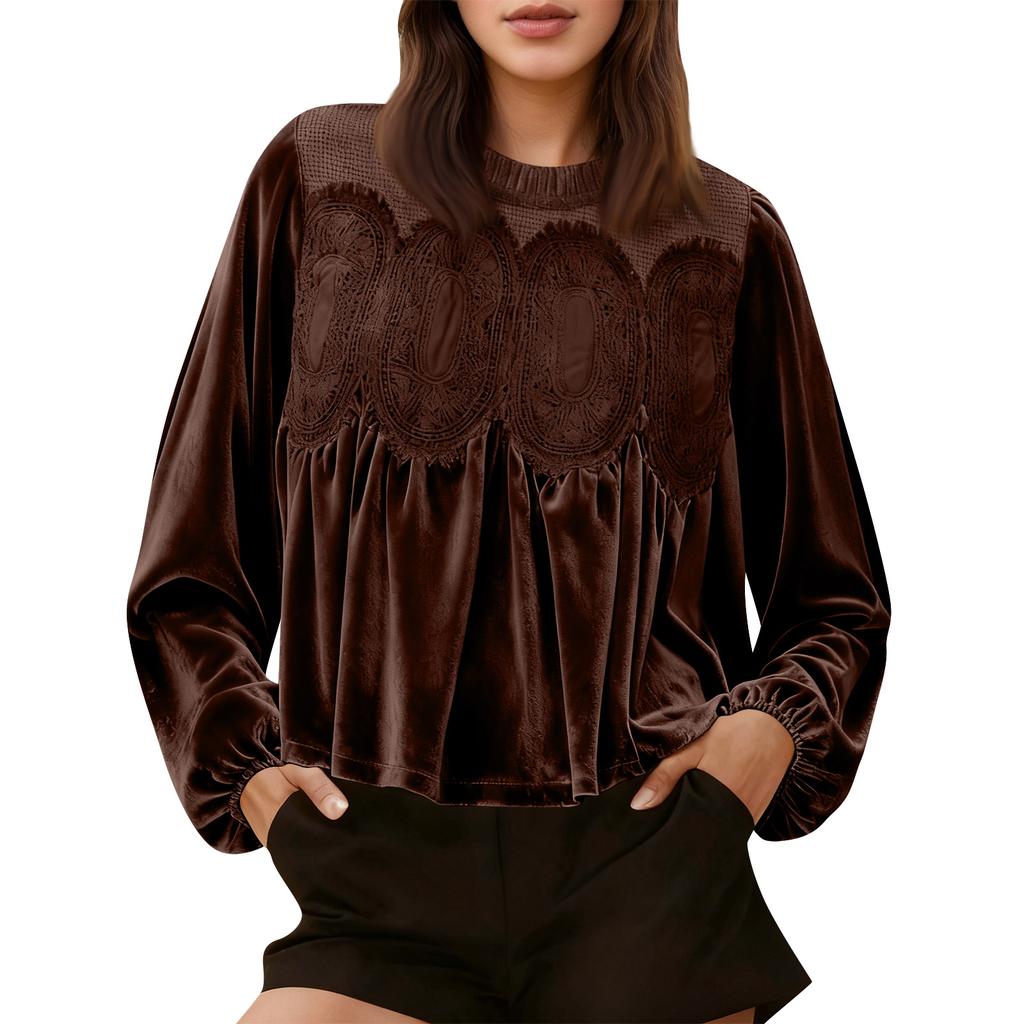 Loose-fitting, Slimming Mid-length Long-sleeved Solid Color Top With Mesh And Velvet Splicing