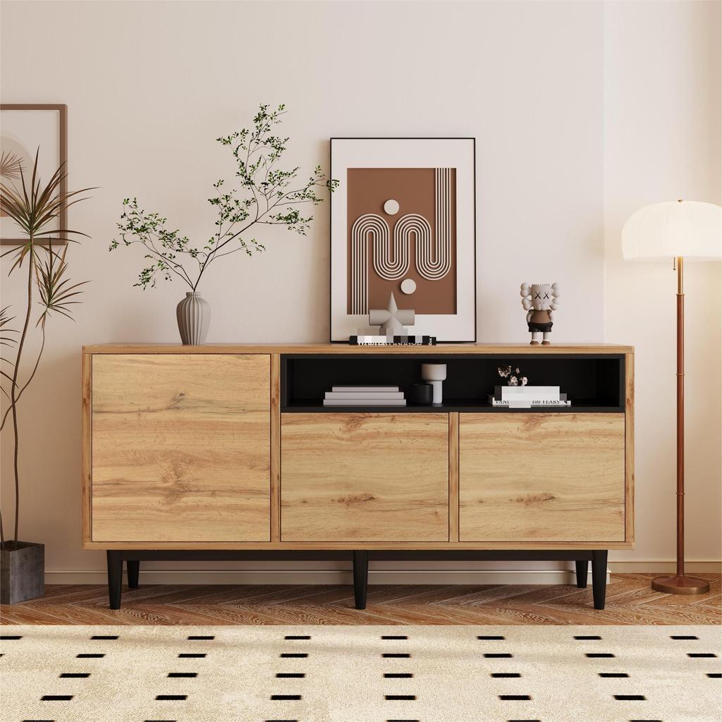 Modern wooden sideboard with three doors and shelves, 160 x 35 x 76 cm, easy assembly, space-saving design, robust and reliable