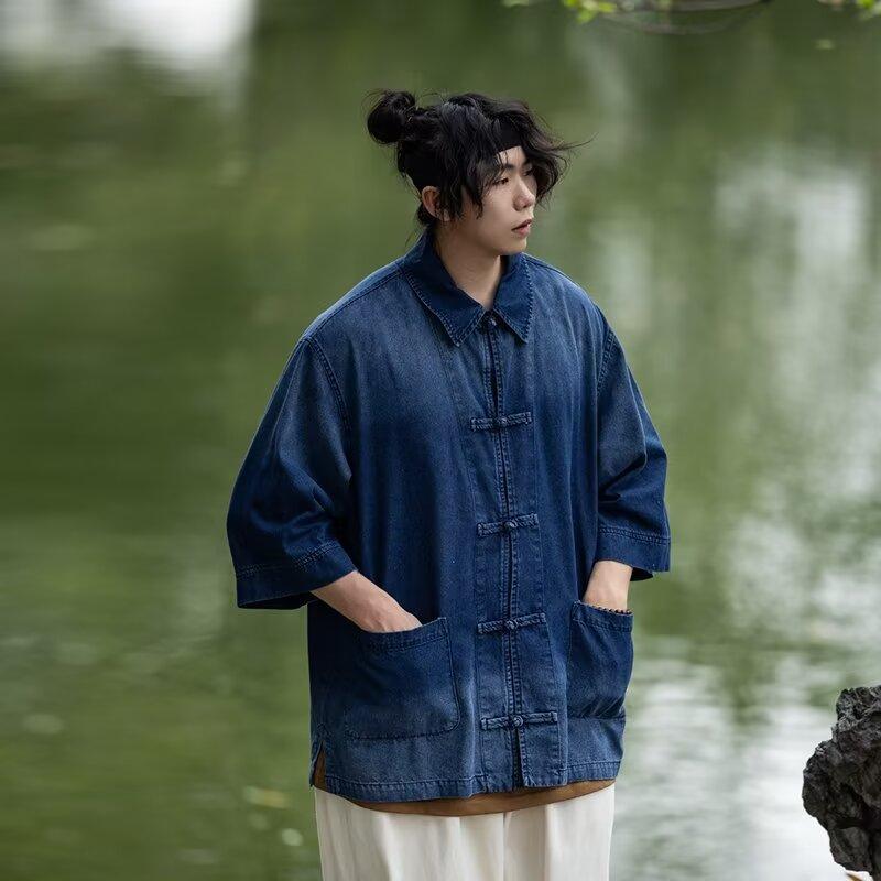 

Летняя новая джинсовая куртка в китайском стиле в винтажном стиле для мужчин и женщин, свободный джинсовый топ с ретро-пуговицей 3XL синий