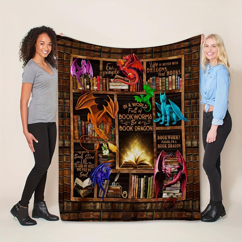Book Dragon & Library Blanket Throw Blanket Naps Cozy Soft Flannel Blanket for Couch Bed Sofa Perfect Gift for Kids Home Decor