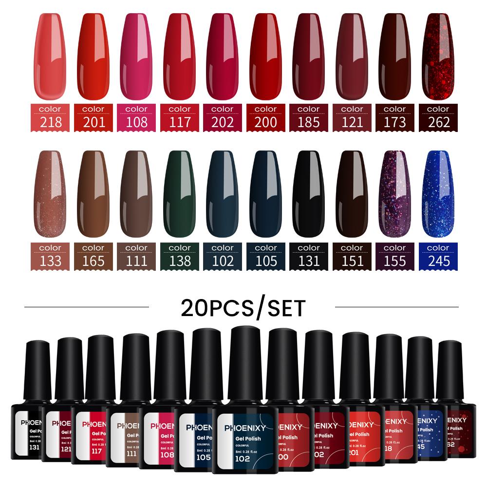 

PHOENIXY, 20 цветов, набор гель-лаков для ногтей, набор гель-лаков для замачивания, маникюр, полупостоянные гибридные лаки, основа и верхний дизайн ногтей 20PCS