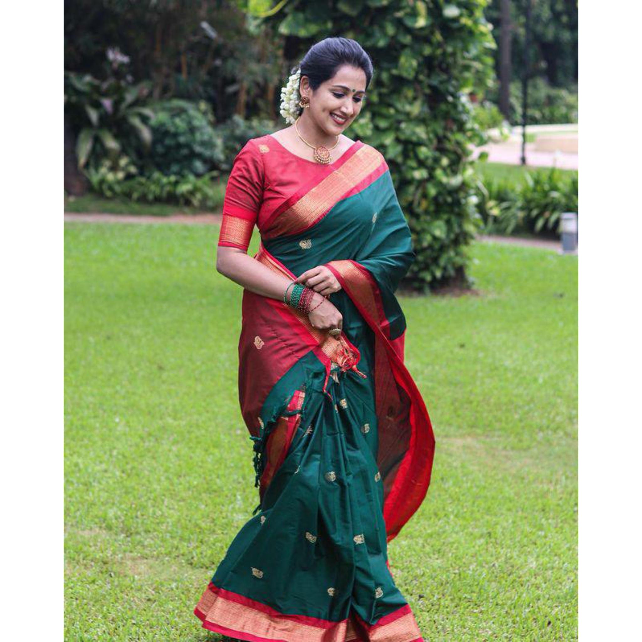 

Индийское традиционное мягкое шелковое сари личи с жаккардовым плетением