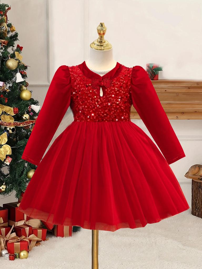 Rochie de Crăciun de prințesă cu paiete roșii, cu mâneci bufante și catifea aurie pentru fete