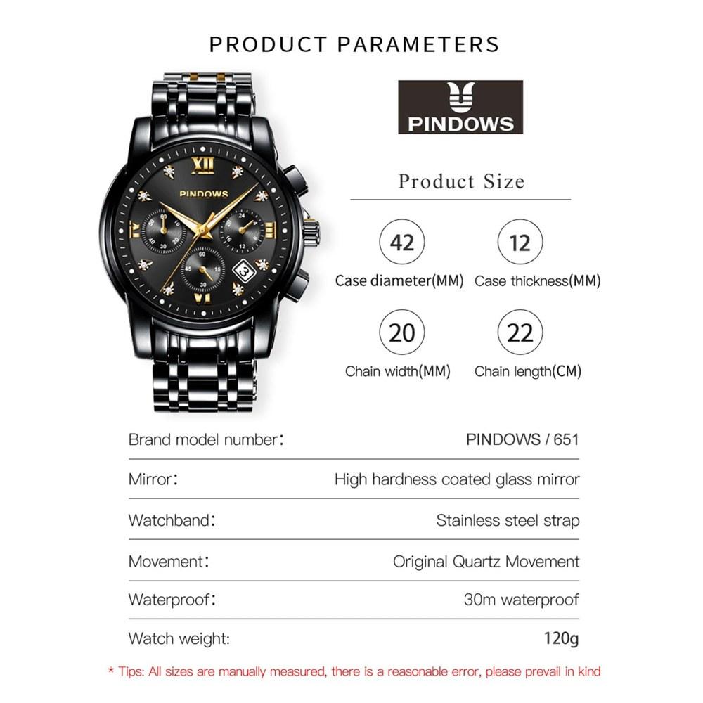 PINDOWS Men's Analog Quartz Watch with Day Date Display Stainless Steel Band Daily Water Resistance
