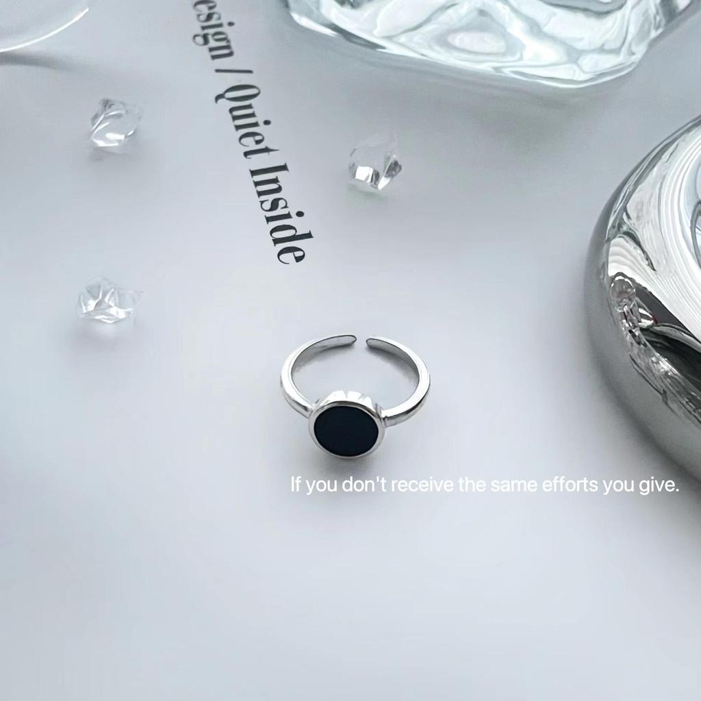 Inel deschis minimalist cu cerc negru din argint sterling S925 - Inel de deget la modă în stil coreean
