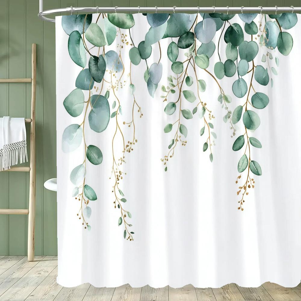 Green Leaf Shower Curtain, Plants and Eucalyptus Leaves Bathroom Decor, Waterproof Polyester Shower Curtain, Home Decor Curtain