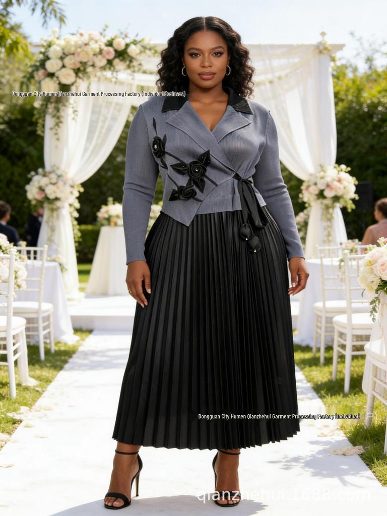Miyake Plus Size Elegant Casual Pleated Dress with Western-Style Collar - Waist-Cinching Women's Slimming Skirt