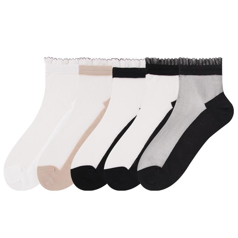 5 Pairs Female Spring Flower Edge Crystal Stockings Thin Summer Sweat Absorption Tube Female Stockings Glass Stockings
