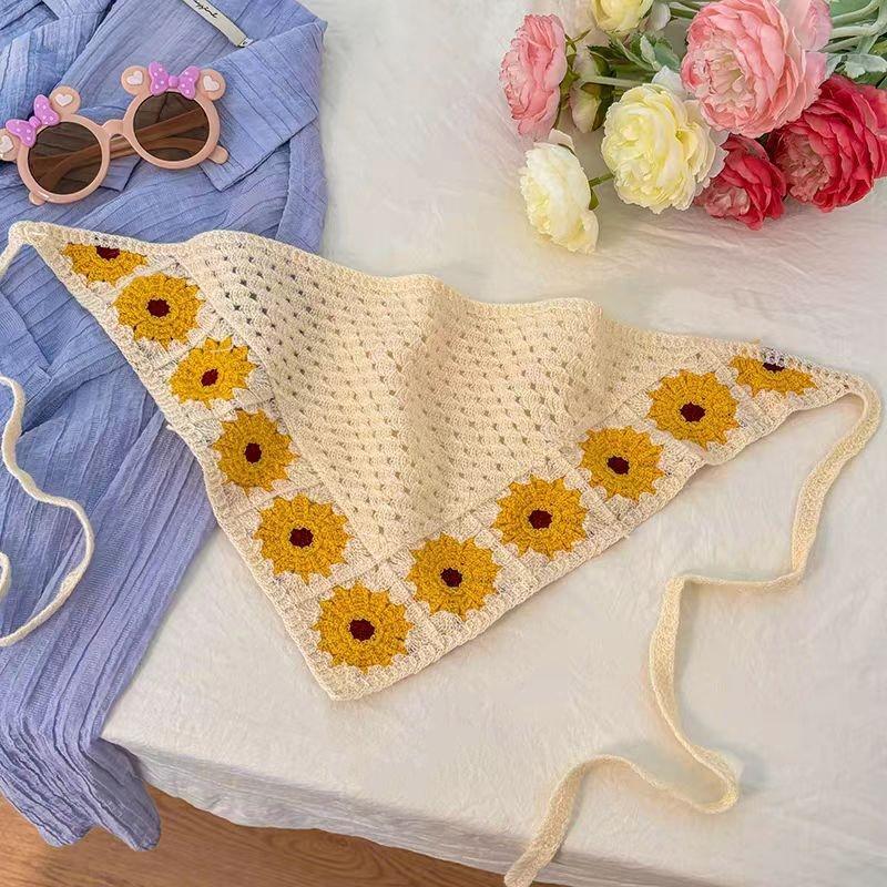 

Korean Sweet Cute Handmade Crochet Hollow Triangle Headband Towel For Women Girls Flower Headscarf Hair Accessories Yellow daisy