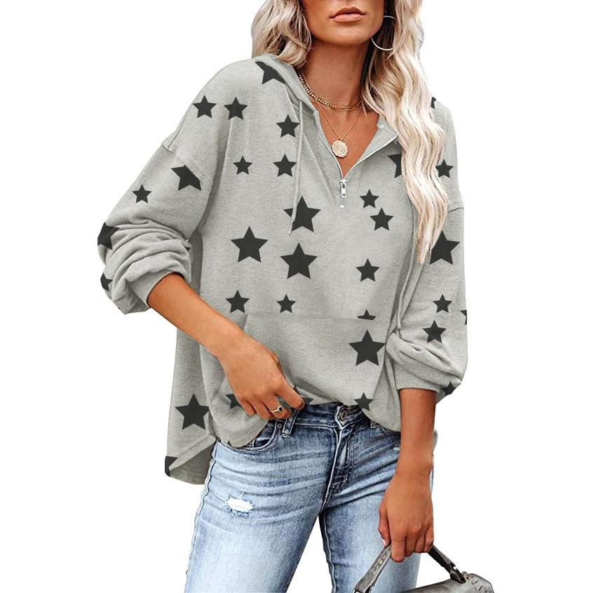 Women's Fashion Casual Long Sleeve Pentagram Print Hooded Women's Sweater T-Shirt