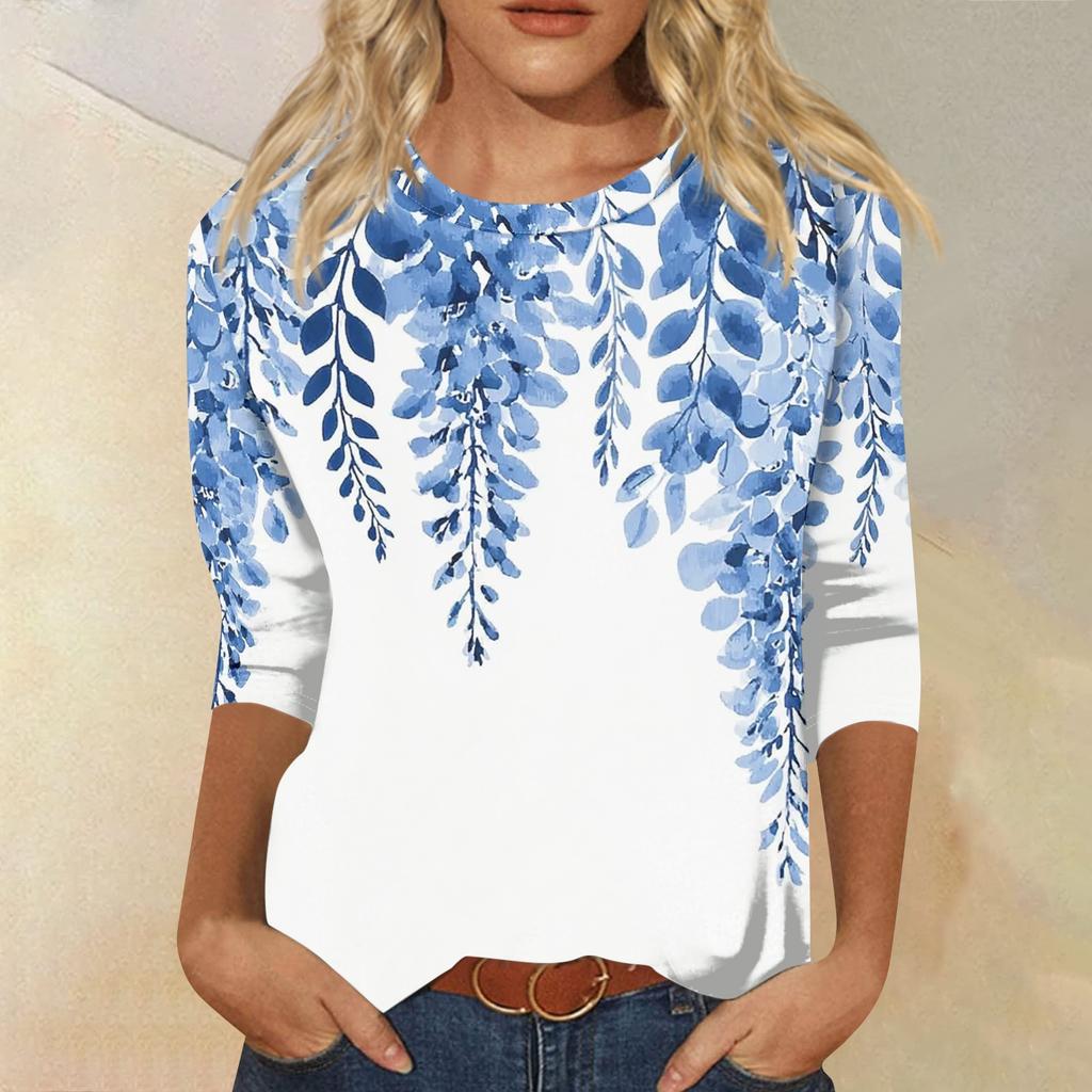 Women's Fashion Casual Round Neck 3/4 Sleeve Loose Printed T-Shirt Ladies Top