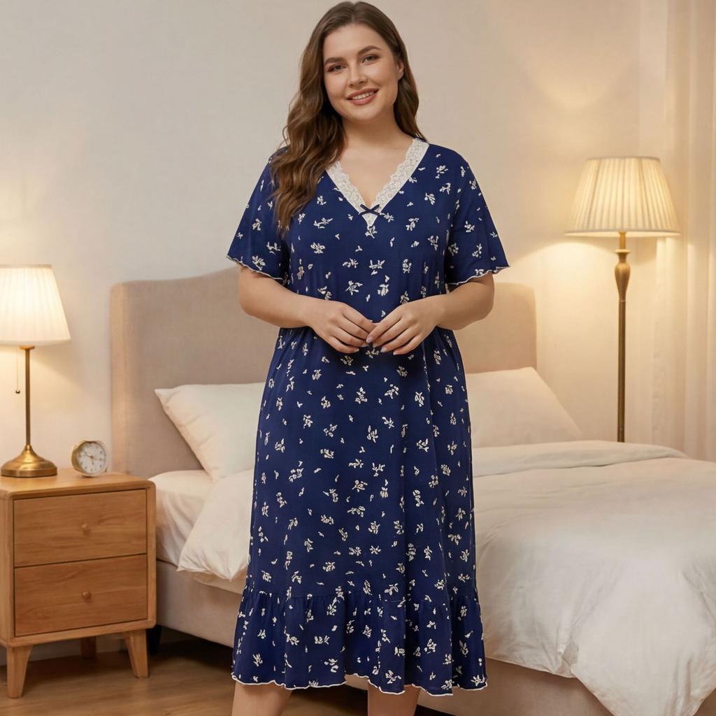Large size floral nightdress lace short sleeve printed pajamas ruffle hem medium and long version homewear casual wear