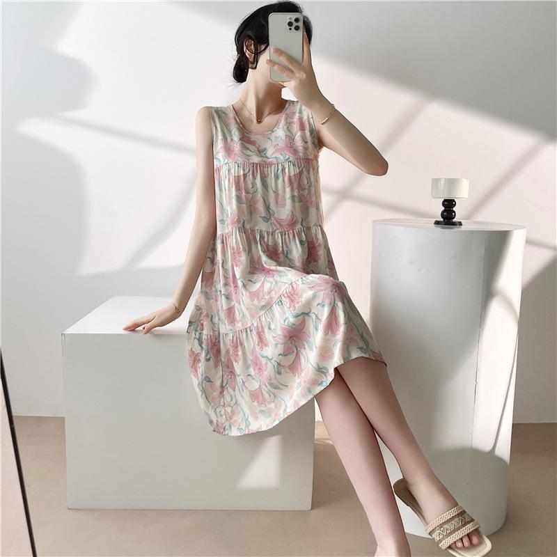 Women's Cotton and Silk Nightgown Summer Thin Internet Celebrity Large Size Printed Pajamas New Sleeveless Loungewear