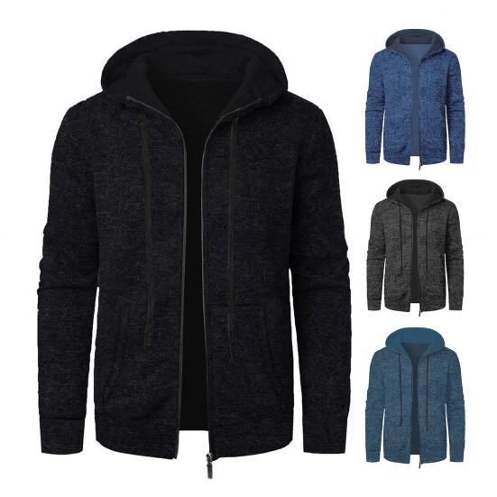 Men Coat Hooded Drawstring Long Sleeve Zipper Closure Casual Jacket with Pockets Solid Color
