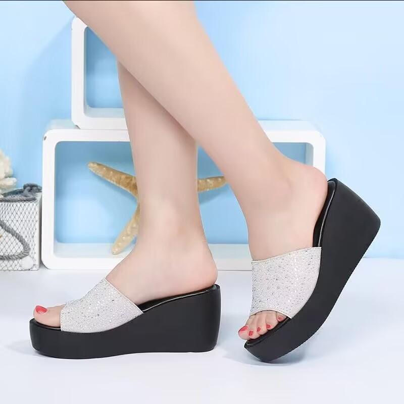 European Station Suede Sandals Women's Flower Rhinestone Leg Sandals Open-toed Thick-soled Wedge Heel Slippers