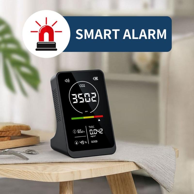 Multifunction Air Quality Monitor Measuring CO2 TVOC Temperature Humidity With Intelligent Alarm for Accurate Readings