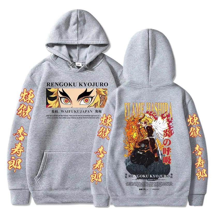 Harajuku Anime Demon Slayer Rengoku Kyoujurou Graphic Printed Hooded Men Women Hoodies Casual Loose Streetwear Sweatshirt