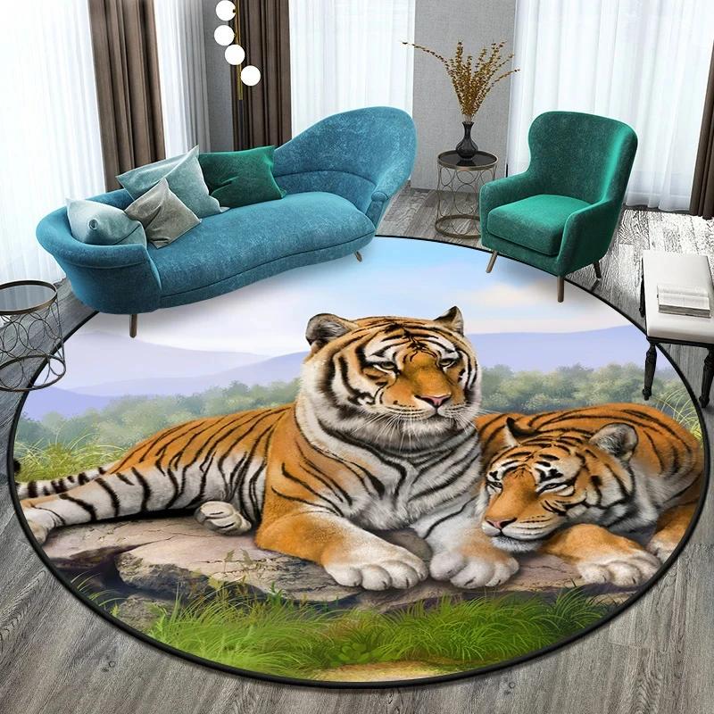 Cute Tiger Round Rug Wild Animal Carpet Non-slip Floor Mat for Living Room Bedroom Playroom Bathroom Decor Soft Circle Doormat