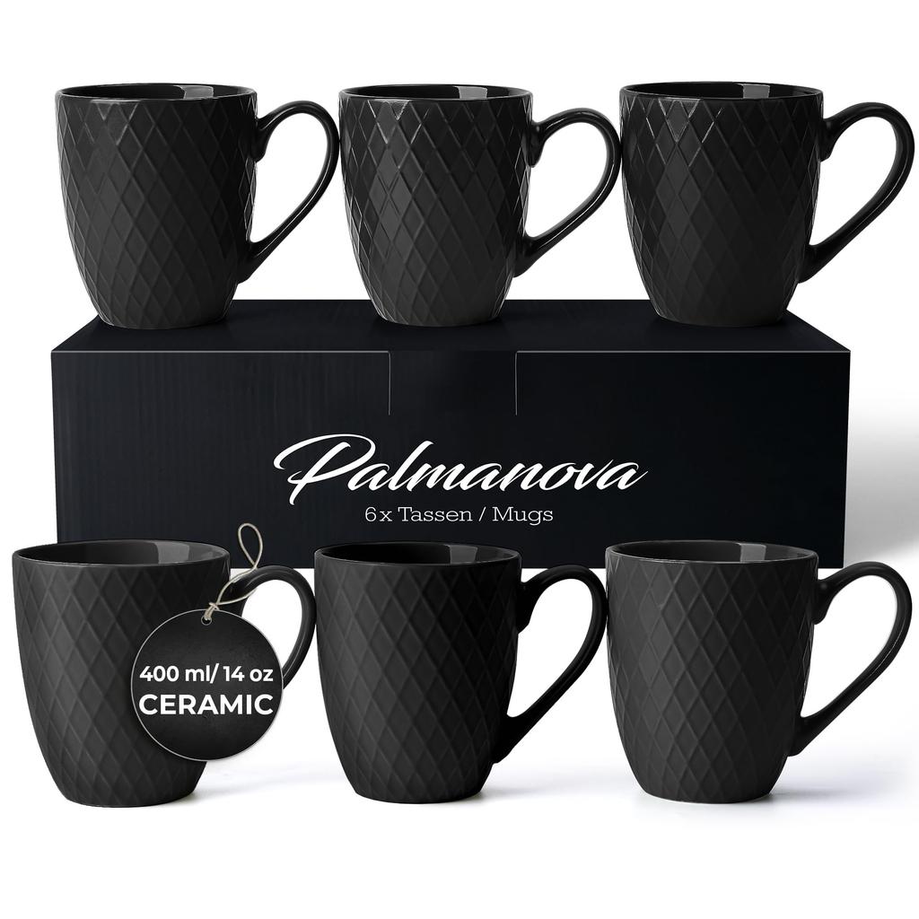 MIAMIO 400 Ml X 6 Coffee Mug Modern Ceramic Mug Mat Large Coffee Mug Palmanova Collection - - Set/Mug - - - (Black)