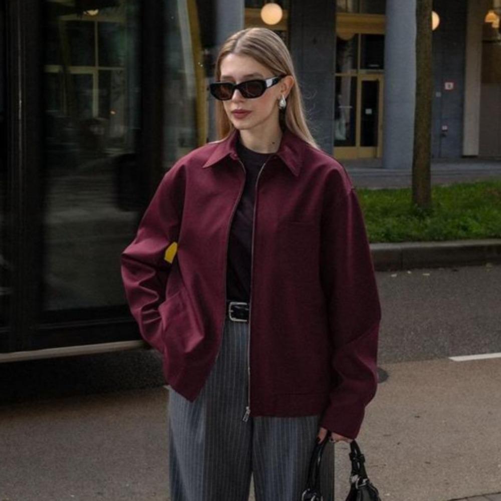 VAYLA Women Vintage Loose Lapel Jacket Burgundy Color Zipper Jacket New  Autumn Stylish Versatile Casual Jacket