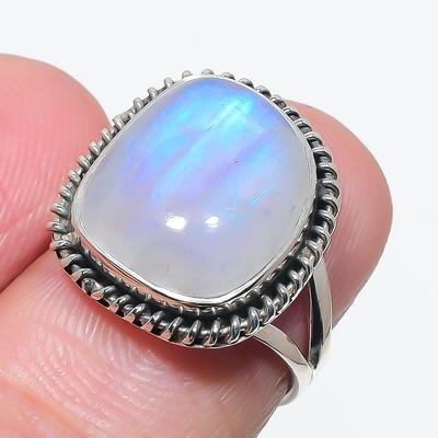 Natural Rainbow Moonstone Gemstone 925 Solid Sterling Silver Gift Ring S.6 K8f73