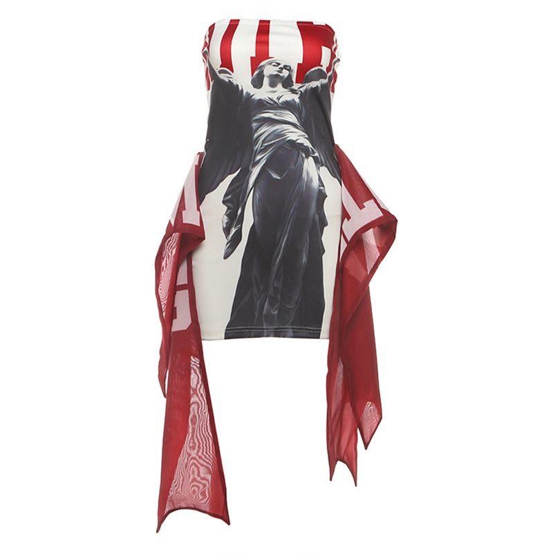 

# Sisjuly# American vintage Seduction Sexy Lady Portrait Print Slim fit Sheath Tube Top Dress Women White L