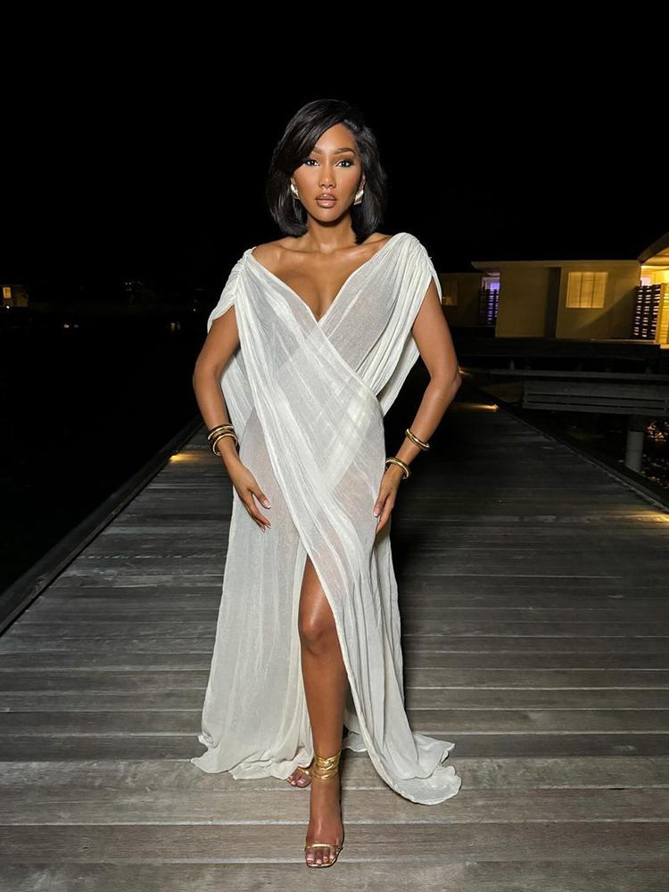 

Y2k Элегантное сетчатое летнее сексуальное облегающее платье для женщин, модное повседневное платье с открытой вилкой, женское милое однотонное платье с глубоким V-образным вырезом для вечеринок и пляжа S белый