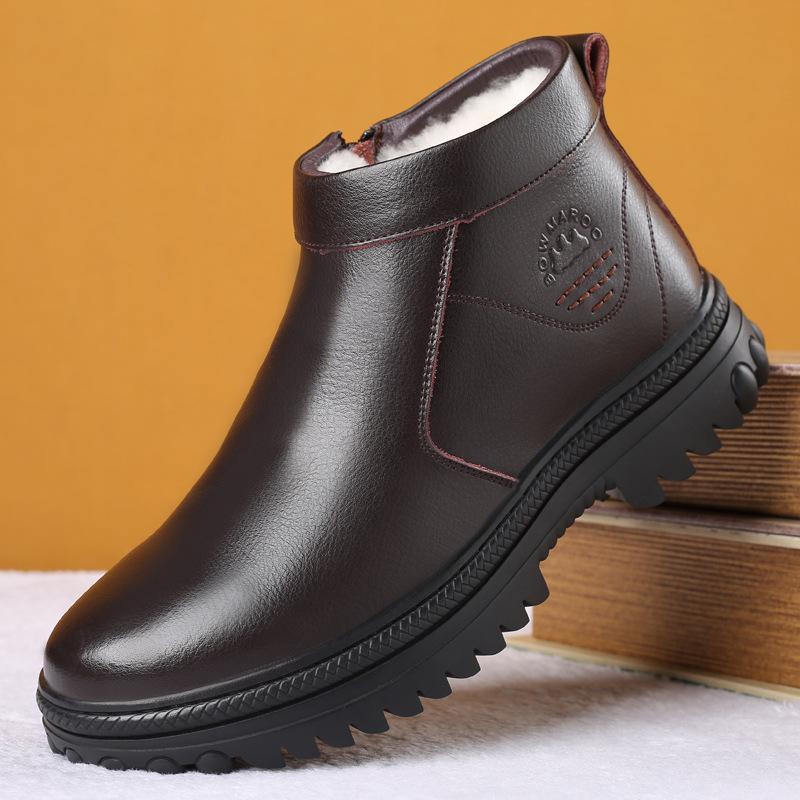Zimní kožené vlněné teplé pánské bavlněné boty sametové vysoké kožené boty pánské boty protiskluzové a odolné proti opotřebení