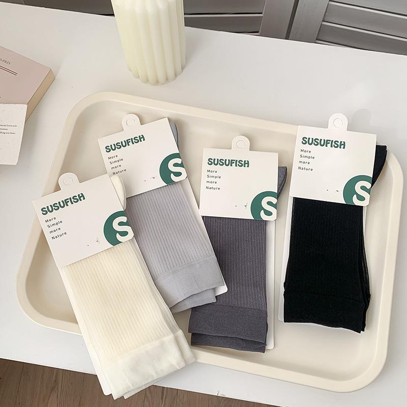 Female Summer Thin Style Breathable Pure Color All Kinds of Vertical Grain Boneless In The Tube Ice Ice Pile Socks