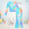 Girls Printed Round Neck Long Sleeve Crop Top Flared Pants Two Piece Set