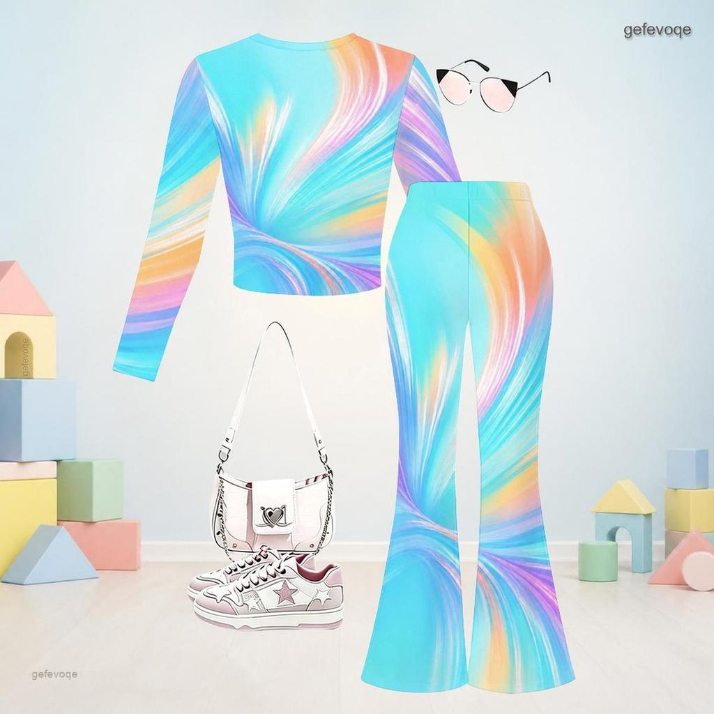 Girls Printed Round Neck Long Sleeve Crop Top Flared Pants Two Piece Set