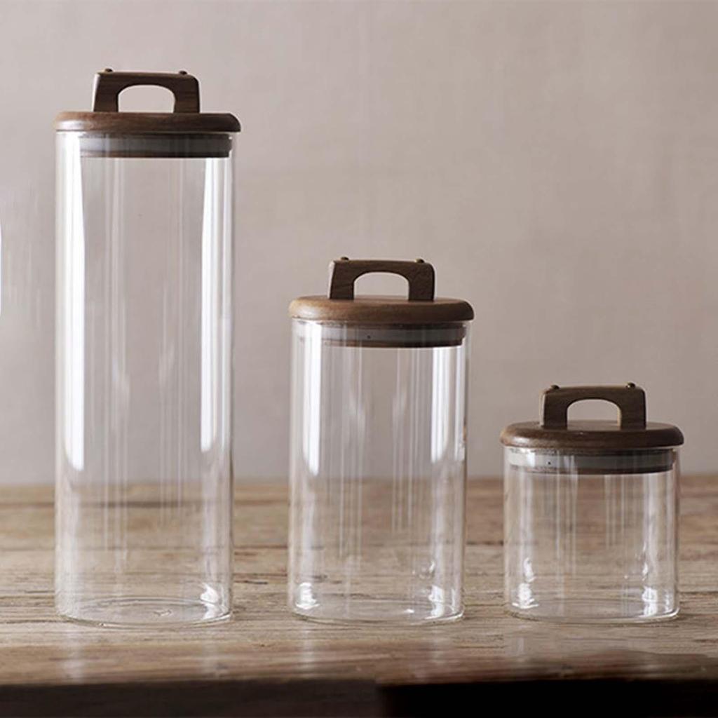 Clear Glass Storage Container with Wooden Lid for Tea, Food, Candy, Coffee, Sugar