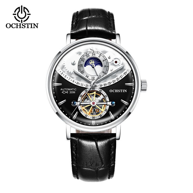 Ochstin New Model Sun And Moon Fully Automatic Watch Flywheel Mechanical Movement Watch Leather Strap Men's Mechanical Watches