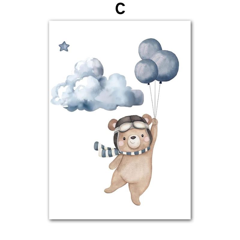 Boho Bear Aircraft Hot Air Balloon Cloud Nursery Posters Wall Art Print Canvas Painting Baby Kids Room Home Decoration Picture