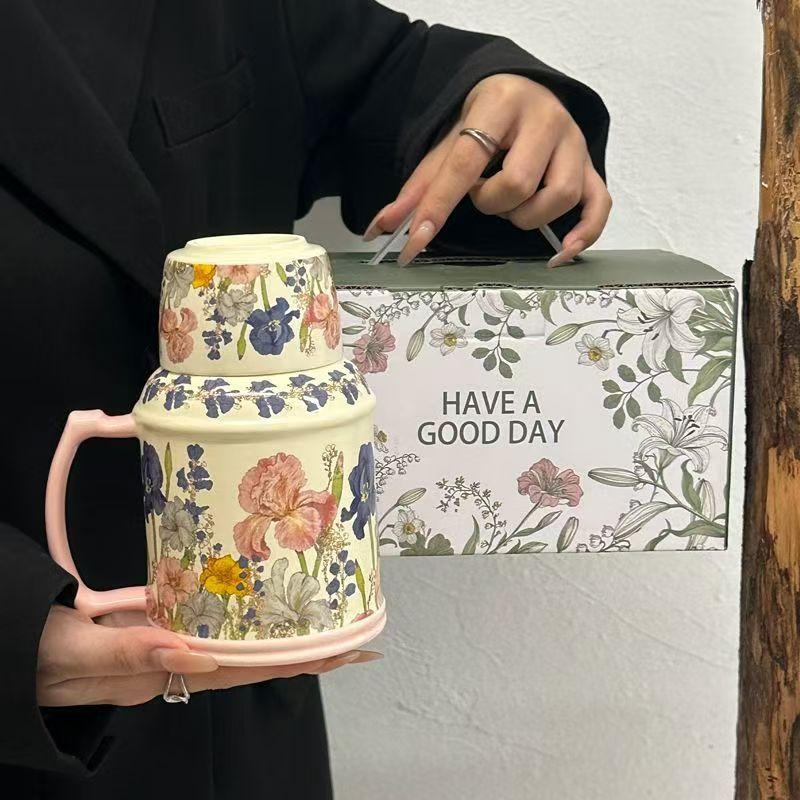 Retro Design Wind Chimes Flower Kettle Cup Set, Afternoon Tea Ceramic Cup, High-End Sense, Large-Capacity Teacup With Lid