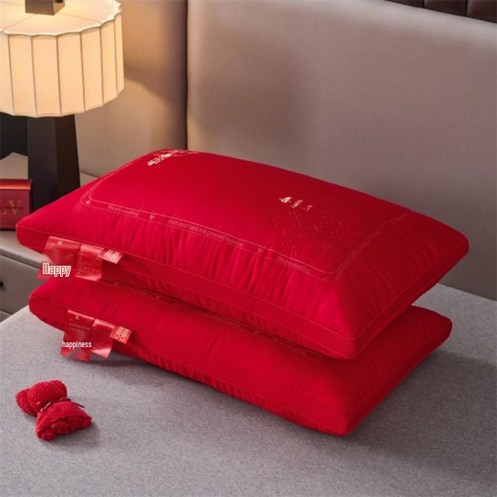 Embroidered Red Wedding Pillow - All-Cotton Feather Velvet for Newlywed Celebration