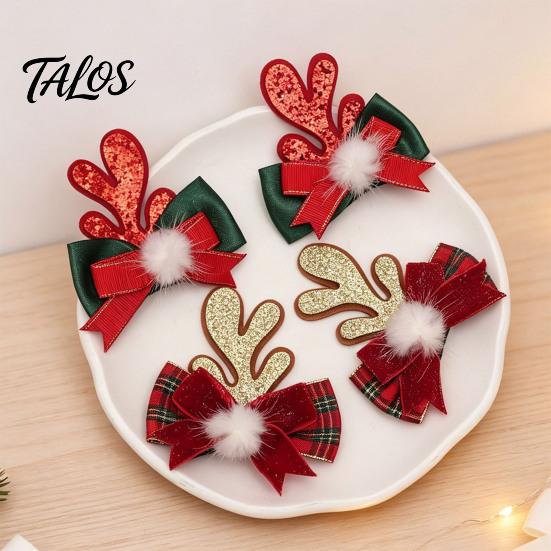 Decorative Antler Hair Pins 2Pcs Christmas Clips with Plaid Bows and Pom Poms Decor, Festive Holiday Winter Party Accessories for Women Girls,
