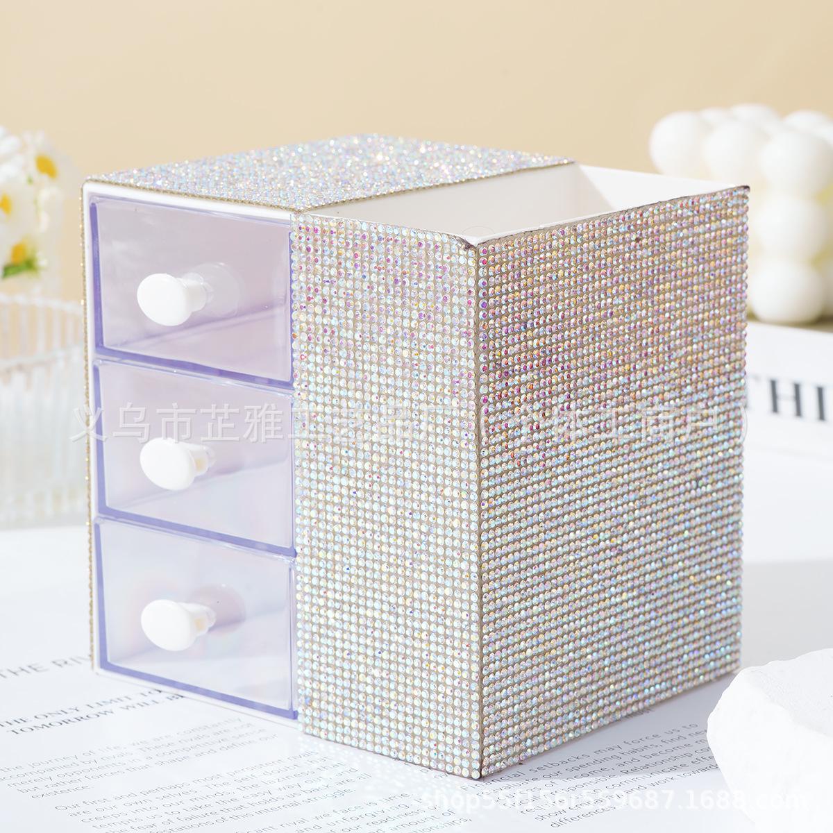 Hot-selling diamond-encrusted three-layer drawer storage box high-value desktop storage box finishing jewelry makeup storage box full a grade diamond