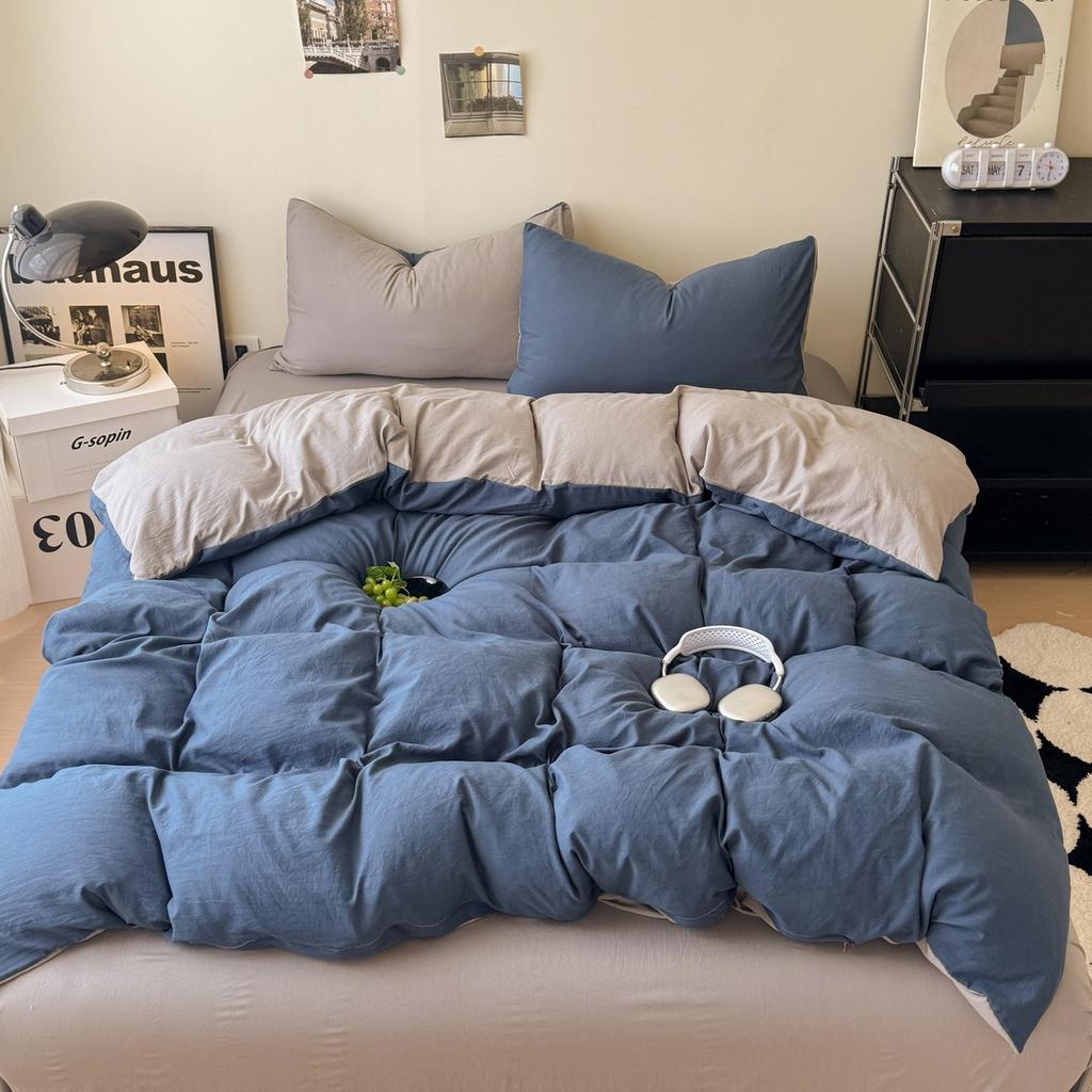 new solid color washed cotton four-piece set Shuangpin student dormitory single bedding three-piece set