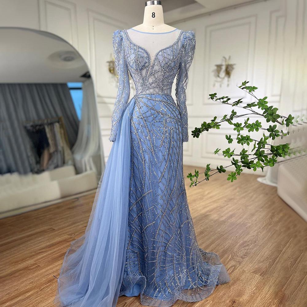 New product gold long-sleeved fishtail celebrity high-end temperament sexy and thin host evening dress skirt LA11101