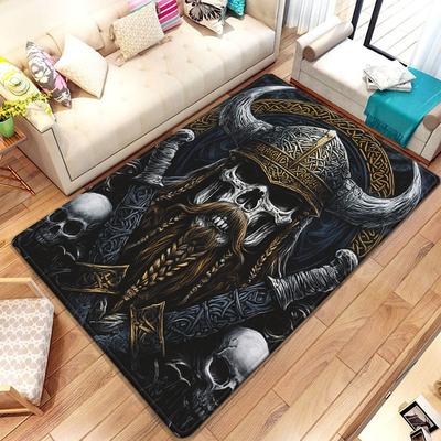 Viking Skull Warrior Design Crystal Velvet Rug Nordic Theme Living Room Floor Mat Ancient Warrior Art Decorative Carpet for Home