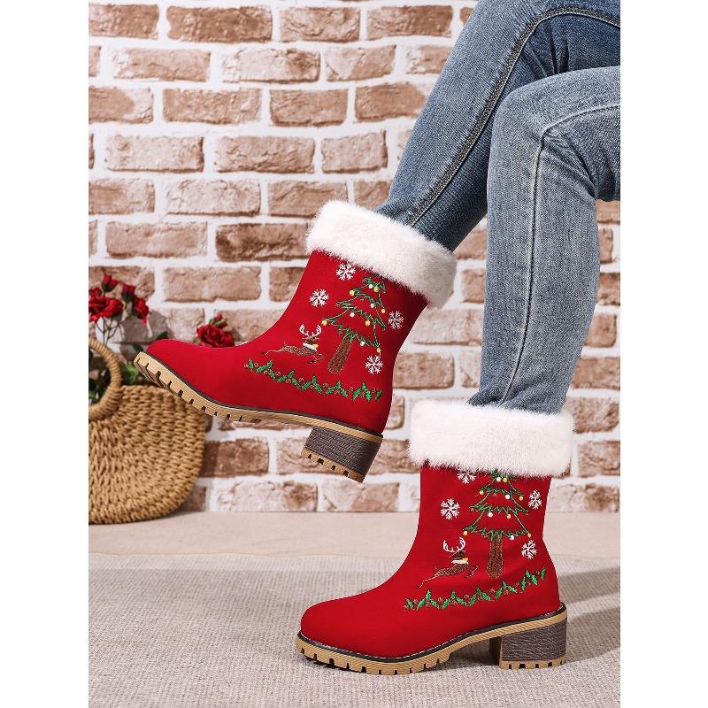 Women's Red Christmas Snow Boots Round Toe Chunky Heel Thick Sole High Heel Furry Lined Ankle Boots Warm Cotton Shoes