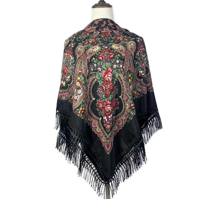 120*120Cm Russian Square Scarf Traditional Ukrainian Fringed Shawl Ethnic Travel Shawls Babushka Handkerchief Hijab Head Wraps