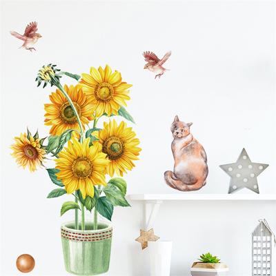 Sonnenblumen-Katze-Elster, selbstklebende Wandaufkleber für Wohnzimmer und Schlafzimmer, kann dekorative Wandgemälde entfernen