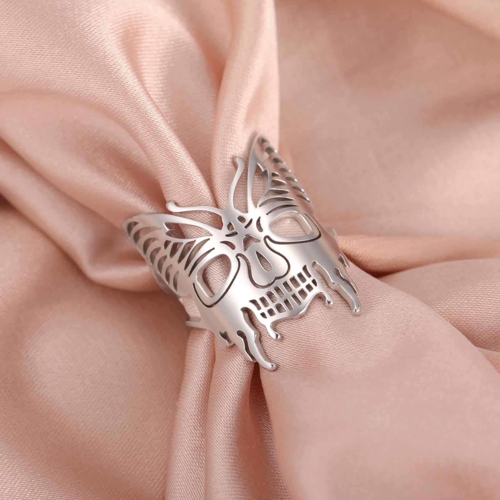 

Кольцо-бабочка из нержавеющей стали с призрачным лицом, позолоченное 18-каратное золото, преувеличенный темный стиль, ювелирные изделия на Хэллоуин opening adjustable