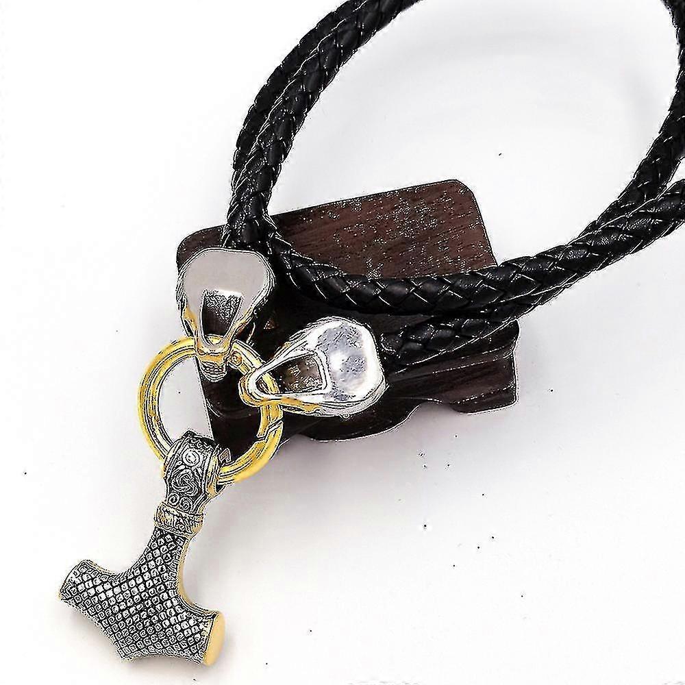 Stainless Steel Viking Wolf Head Doubles Color Thor S Hammer Pendant Leather Chain Men S Necklace Jewelry-50cm-style2 Gold