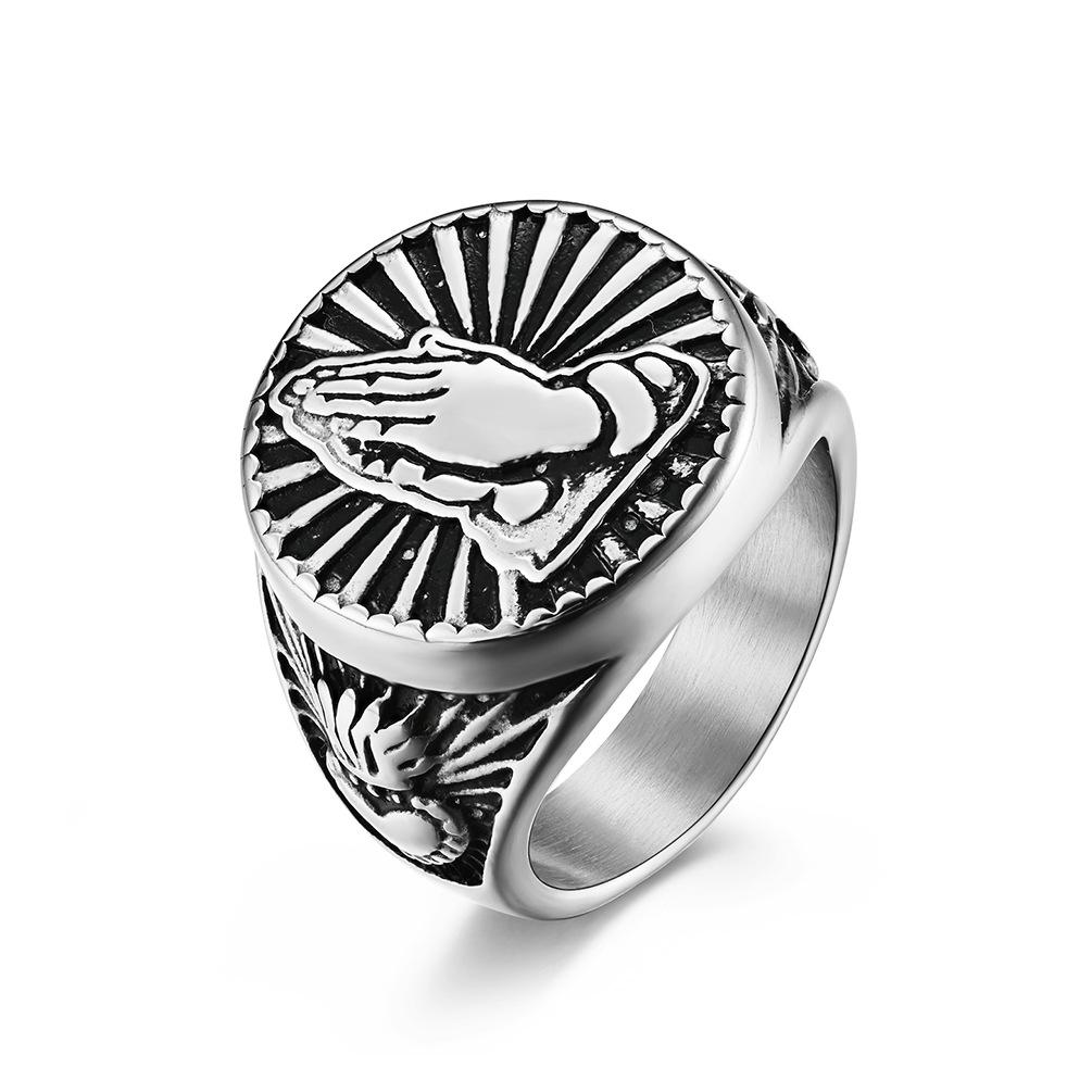 Jewelry Prayer Hand Stainless Steel Ring Ring, Titanium Steel Plated 18K Gold Prayer Hand Men s Ring 8#