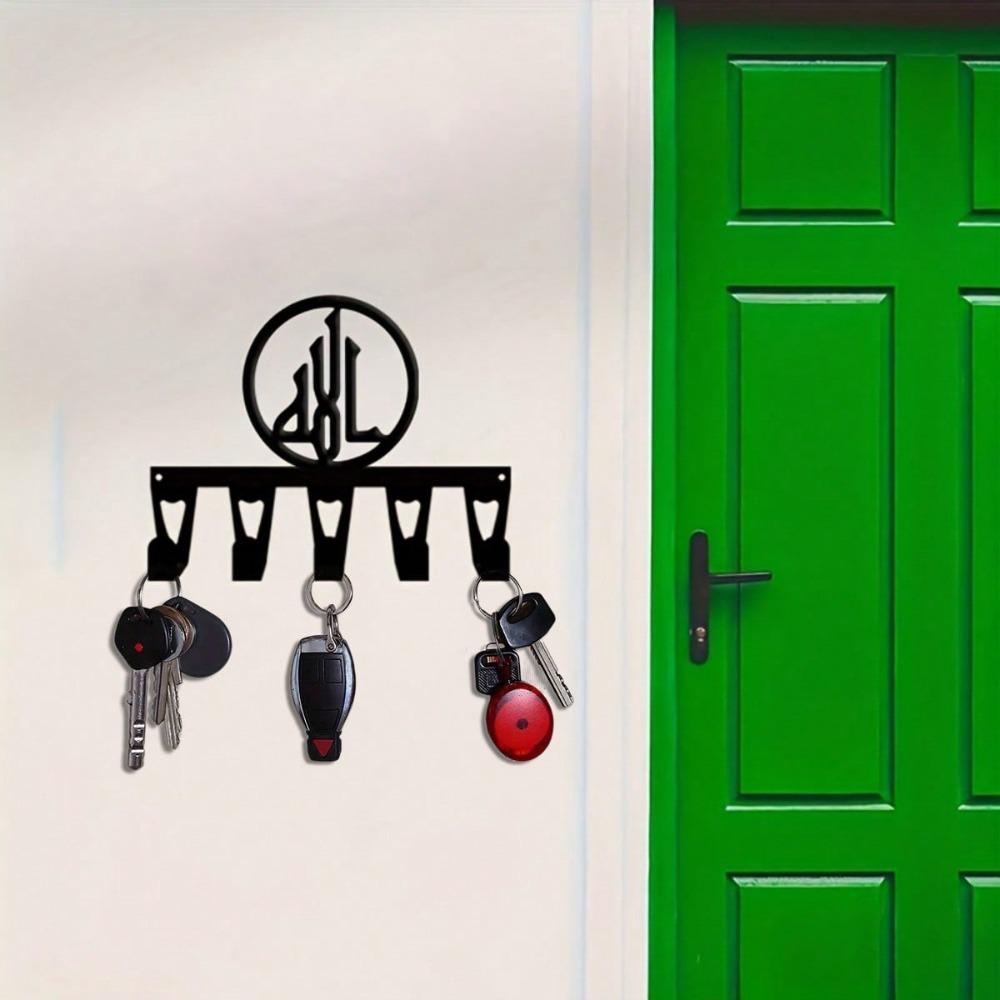 Islamic Art Metal Wall Hooks with 5 Key Holders, Cultural Decor for Study and Meditation Room, Wrought Iron Key Rack