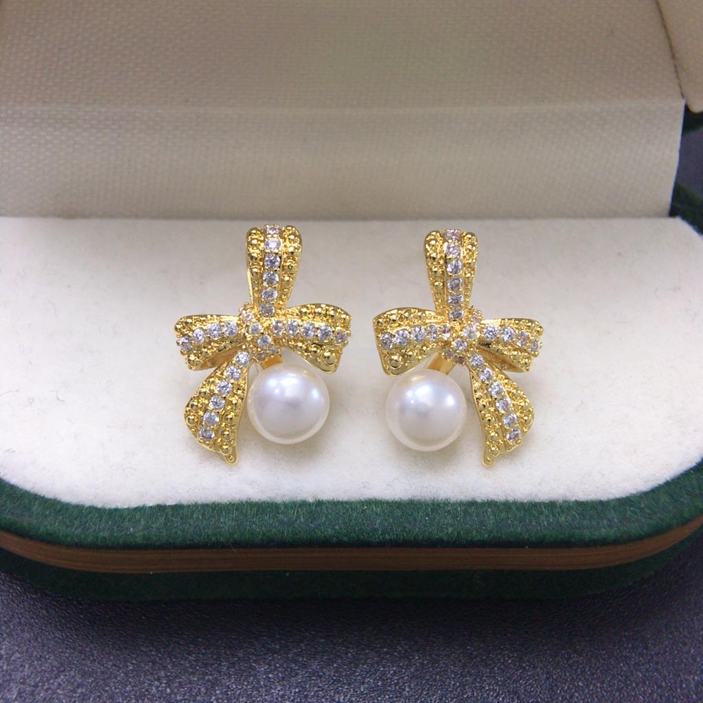 Natural Freshwater Pearl Earrings for Women, Delicate Three-dimensional Bow with Micro Inlaid Zircon, Sweet and Cute Pearl Earrings